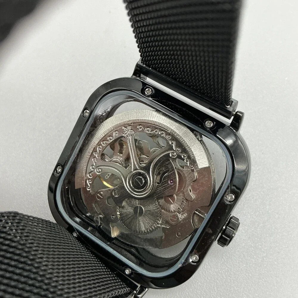 Mens Watch 41mm Square Skeleton Dial Black Mesh Automatic Stainless Steel